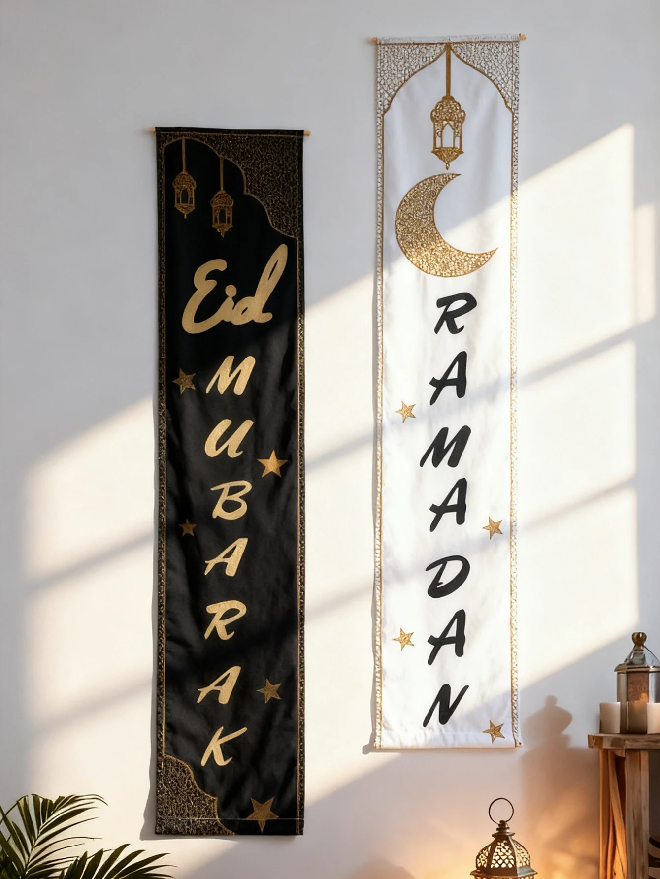 Ramadan & Eid Mubarak Banner Islamische Mond Sterne Laterne Wandbehang Schwarz & Weiß Muslim Festival Wandteppich für Home Party Dekor