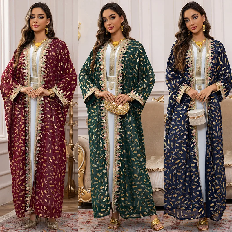 Ramadan Musulmano Donne di Lusso Abaya Dubai Oro Stamping Maxi Vestito Due Pezzi Cintura Caftano Eid Kimono Jalabiya Robe Caftano Vestido