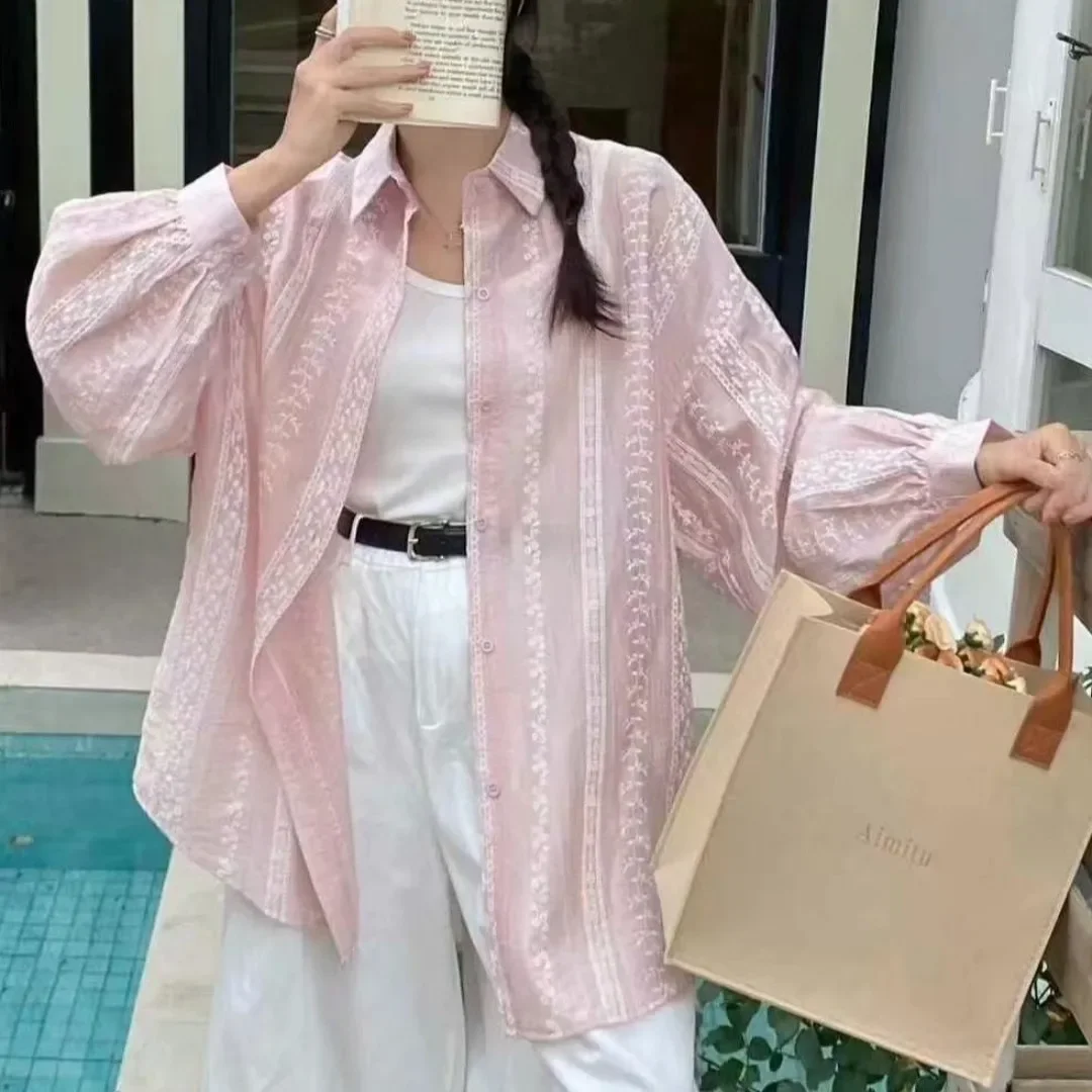 

Embroidered Floral Button Up Shirt for Women Long Sleeve Spread Collar Oversized Shirt Ladies Spring Summer French Chic Outfit