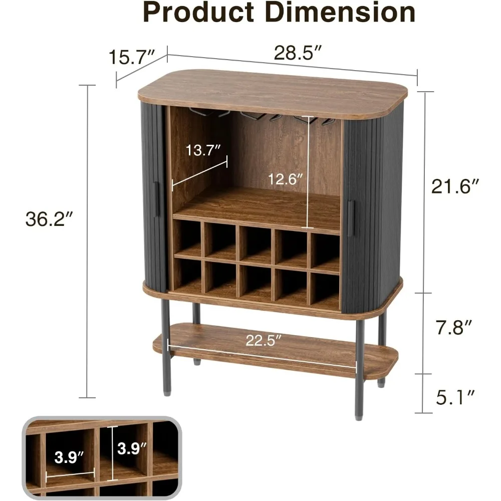 Armário de bar de café preto com armazenamento, armário de licor de vinho canelado com portas deslizantes, suporte de vidro e rack de vinho, aparador de buffets