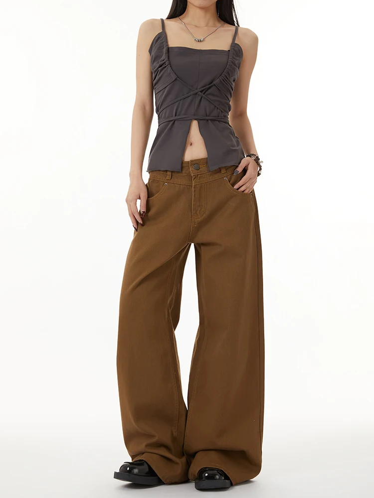 

Американские ретро-джинсы цвета хаки с широкими штанинами для женщин: модные, универсальные, свободные, стройнящие, прямые, длинные брюки в уличном стиле