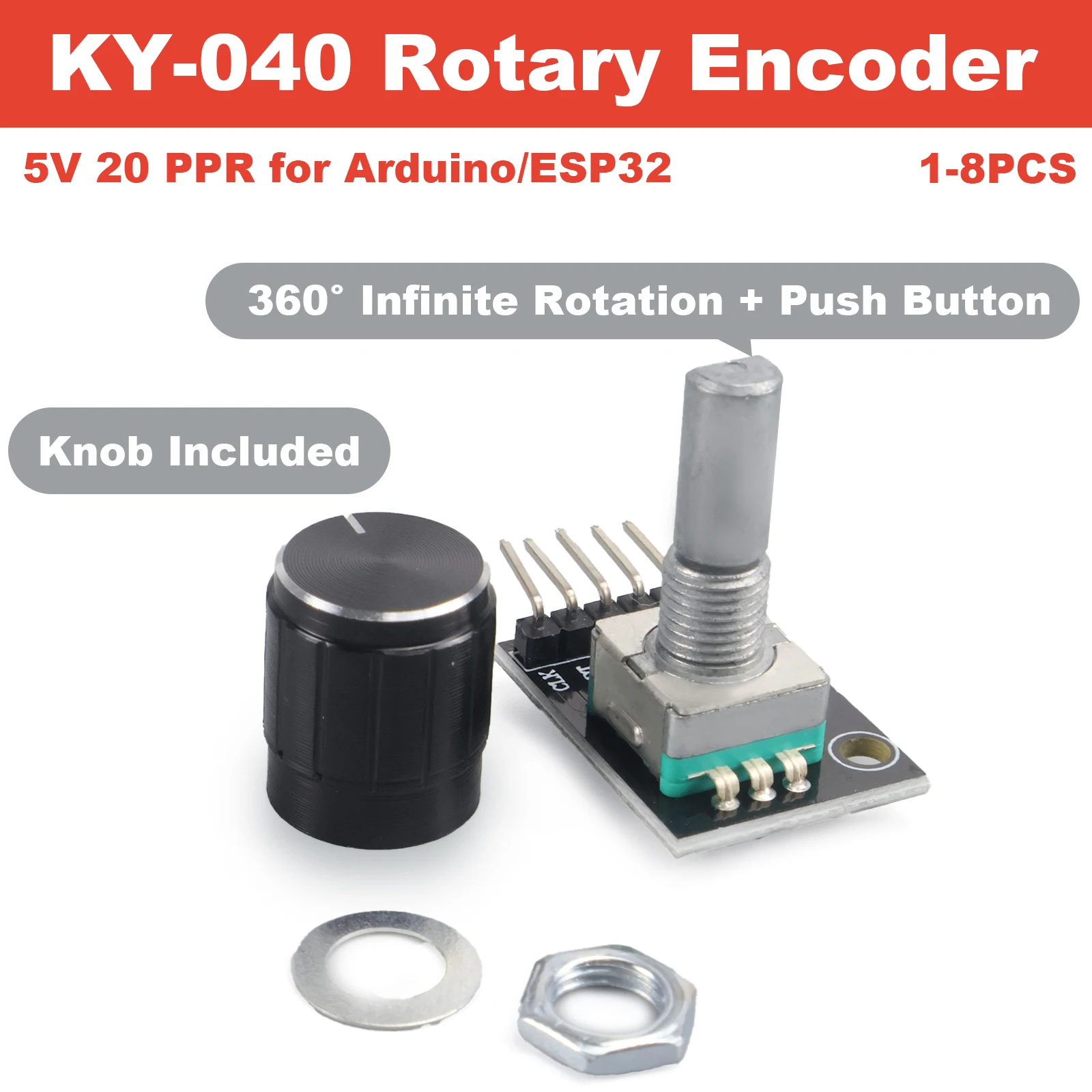 Modulo Encoder Rotativo KY-040 da 1 a 8 Pezzi con Cappuccio Manopola, Sensore Interruttore 5V per Scheda R3