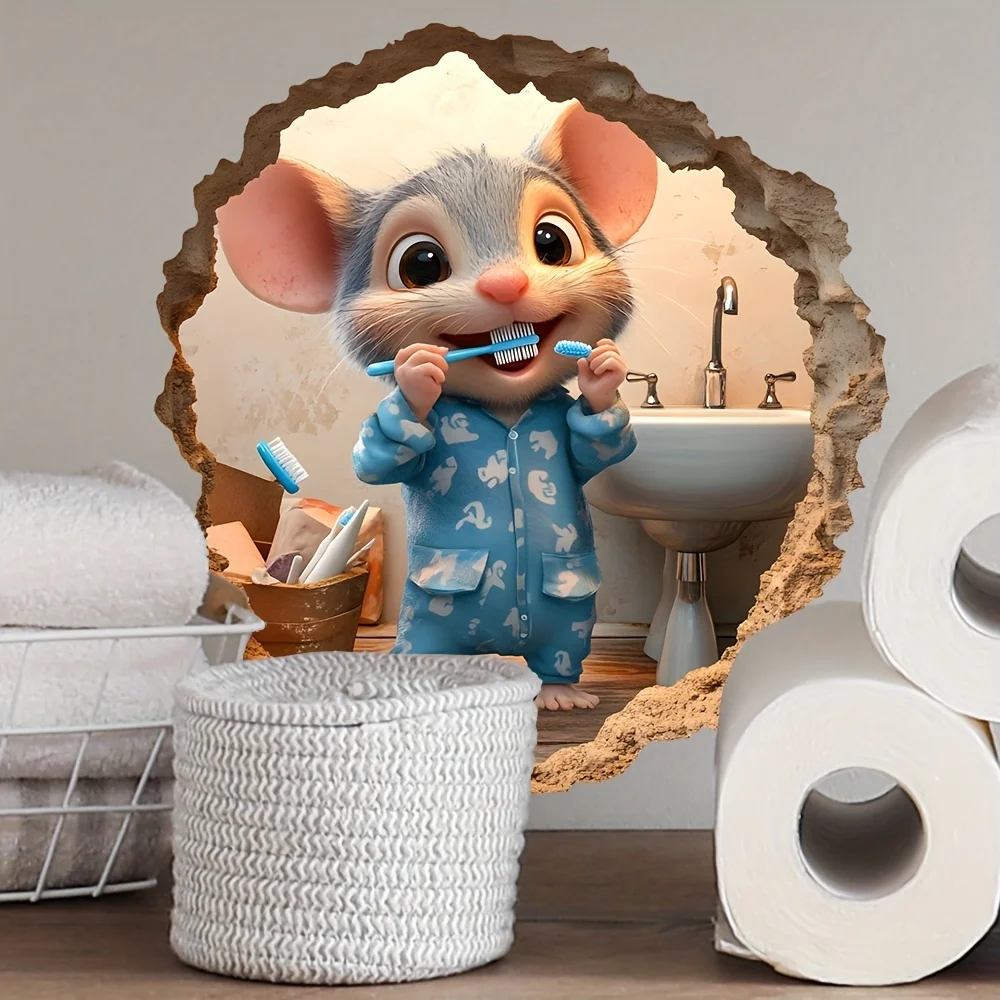 1 قطعة ملصق حائط مضحك ماوس تطل من خلال الفتحة - ديكور حمام غريب الأطوار، ملصق PVC ذاتي اللصق وقابل للإزالة للأسطح #1