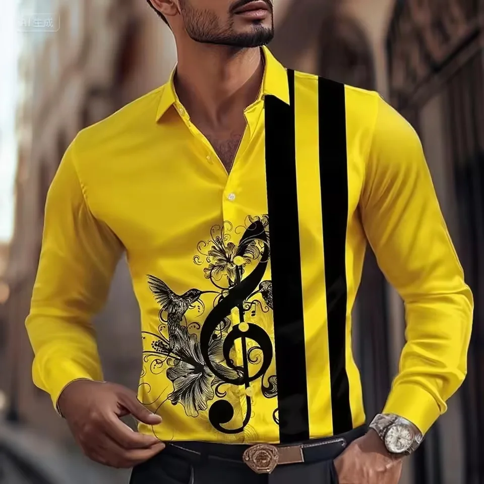 قميص موسيقي مخطط جديد للرجال، قميص بأزرار وأكمام طويلة، أزياء ليلية غير رسمية، قميص طية صدر السترة للخريف، قميص رجالي بمقاس كبير #3