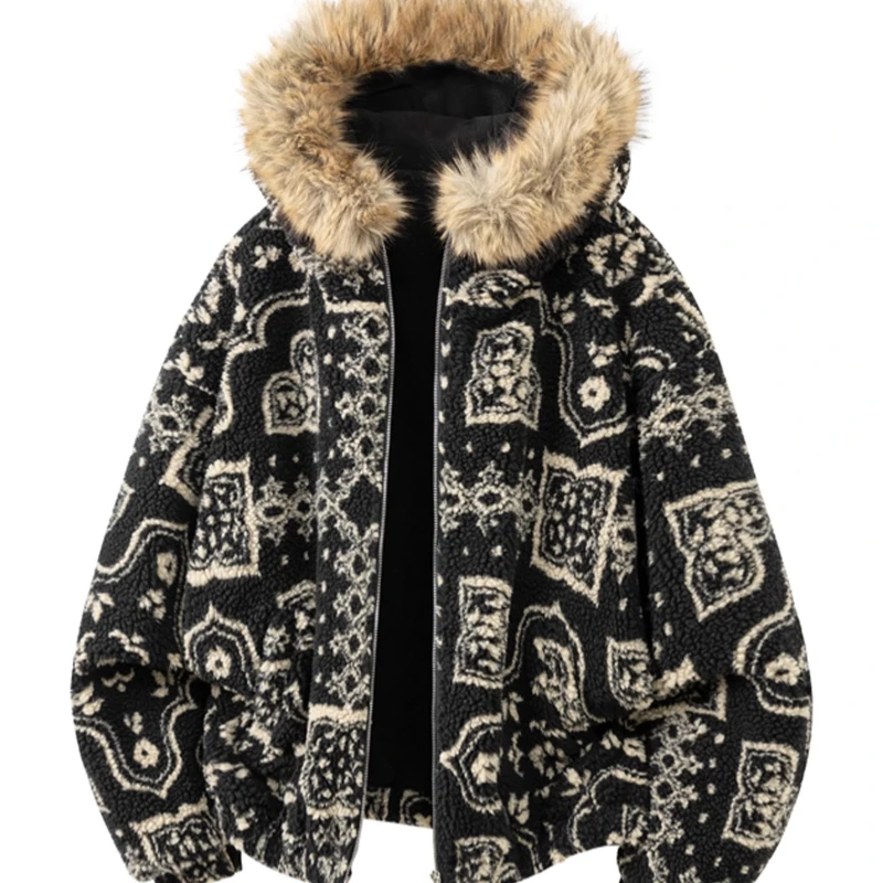 

Men Winter Fashion Fleece Jacket Fur Collar Thick Warm Parkas Jacket Hooded Wool Jacquard Korean Geometric Parkas Coat Male 2025