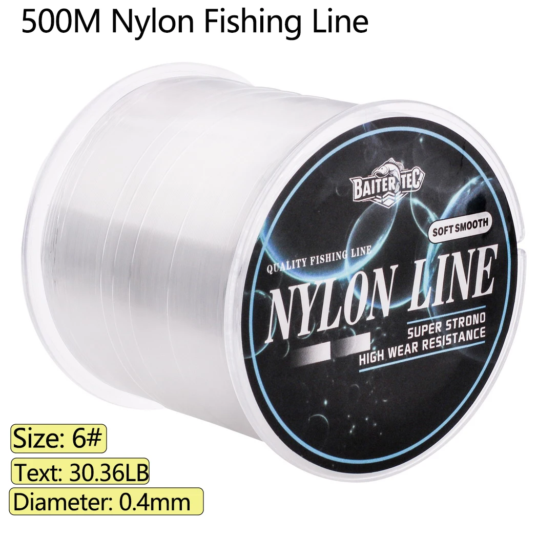 Línea de pesca de nailon transparente de 500M hecha de Material japonés monofilamento de línea fuerte para accesorios de pesca de perca y carpa