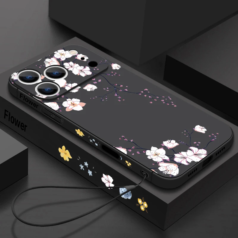 Custodia per telefono fiore di magnolia rosa per iPhone 17 Pro Max Funda iPhone 16 Pro Max 15 14 13 12 11 16e Air TPU copertura con cordino in silicone