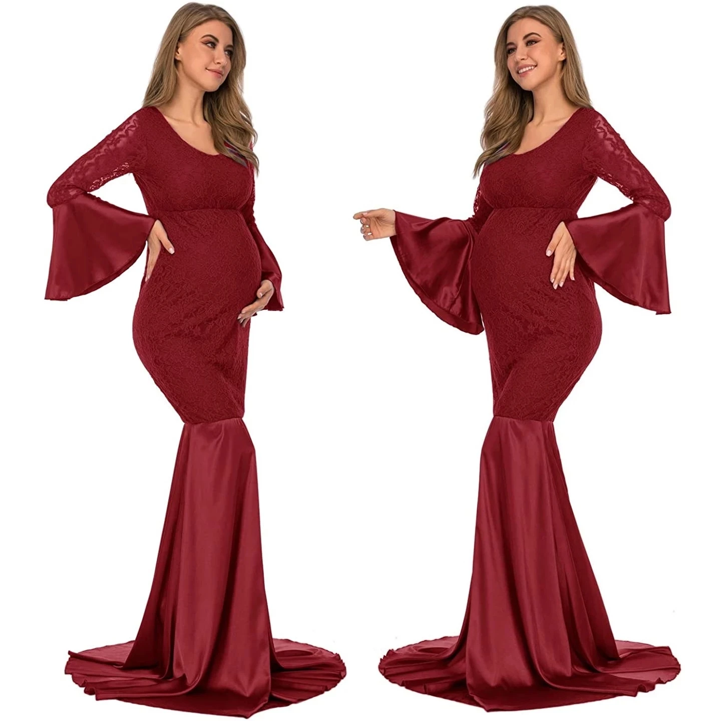 Maxivestido de maternidad de encaje con hombros descubiertos para mujer, vestido ajustado de manga larga con volantes y cuello en V para fotografía y Baby Shower