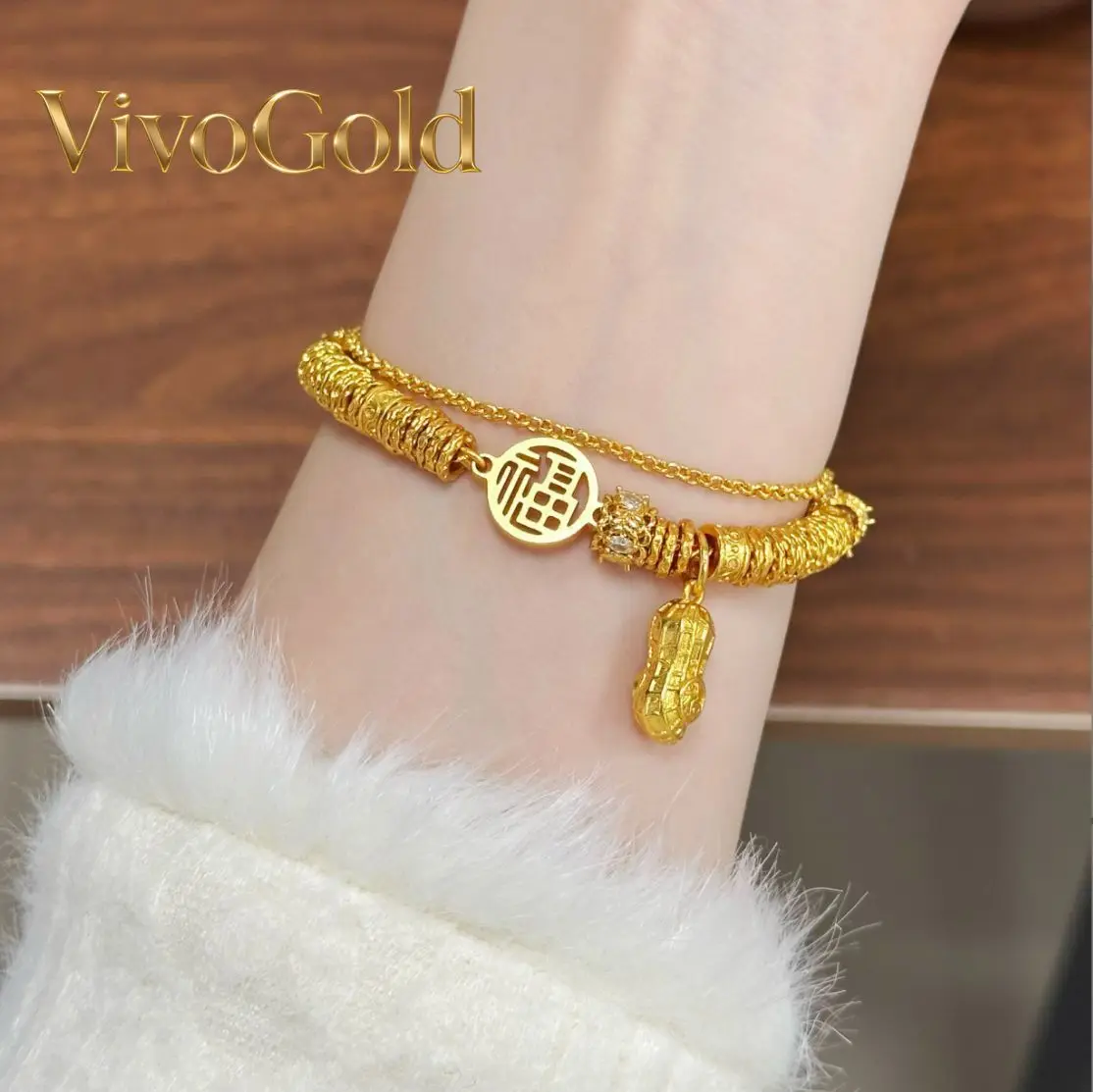 

VivoGold9999 24K real gold hot-selling Fuzi good things happen Peanut dumpling double-layer bracelet new Chinese red bracelet