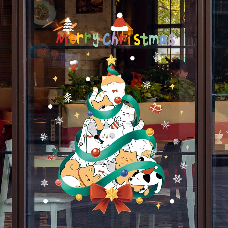 Cartoon Cat Dog Animals Christmas Tree Window Stickers for Kids Room Christmas Decoration New Year Static Window Sticker 2025