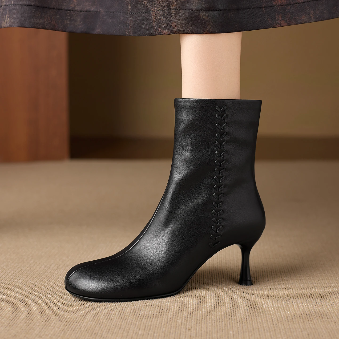 New 2027 Genuine Leather Boots Women Round Toe Stiletto Heel Ankle Boots Black Red Autumn Winter Short Booties Size 34-43 view 4