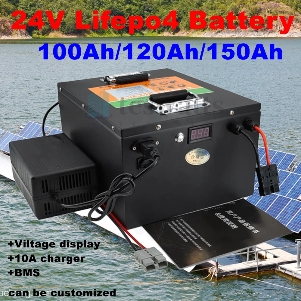 Lifepo4 24v 100ah 120ah 150ah battery with 100A 150A BMS for electric fishing boat solar panel 24V 2000W inverter +10A Charger.