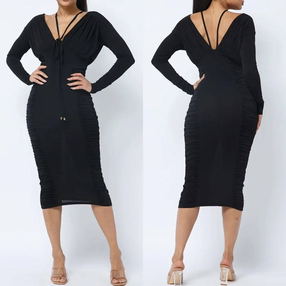

Customized Long Sleeve V-neck Ruched Midi Dress A-Line Evening Dresses Formal Exquisite High Quality Prom Party Gowns for Women