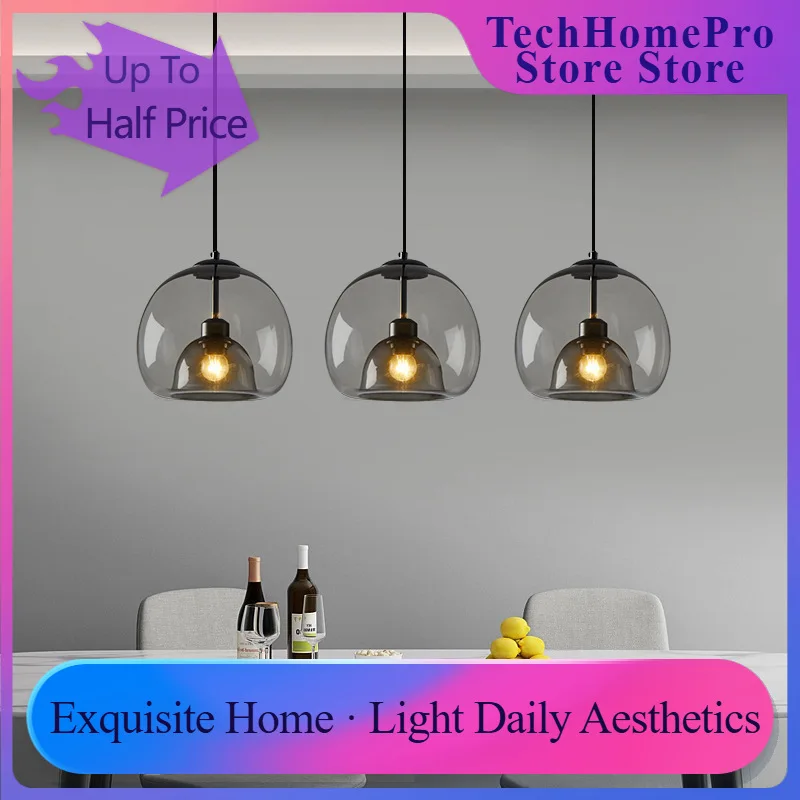 TechHPNordic Glass Pendant Light For Kitchen Island Chandelier Smoke Gray Hanging Lamp For Living Room Dining Room