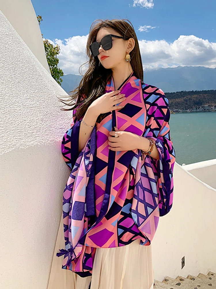 Summer Elegant Women Silk Scarf Beach Wrap Shawl Vintage Plaid Print Lady Sunscreen Bandana Long Hijab Mujer Boho Scarve Pareo