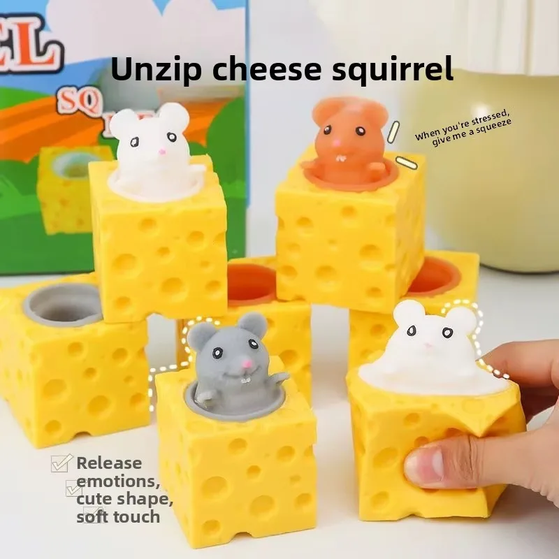 Cheese Mouse Squishy Pop up Mouse Cheese Toy TPR Soft Rubber Sensory Fidget Toy with Hidden Mouse for Anxiety and Stress Relief