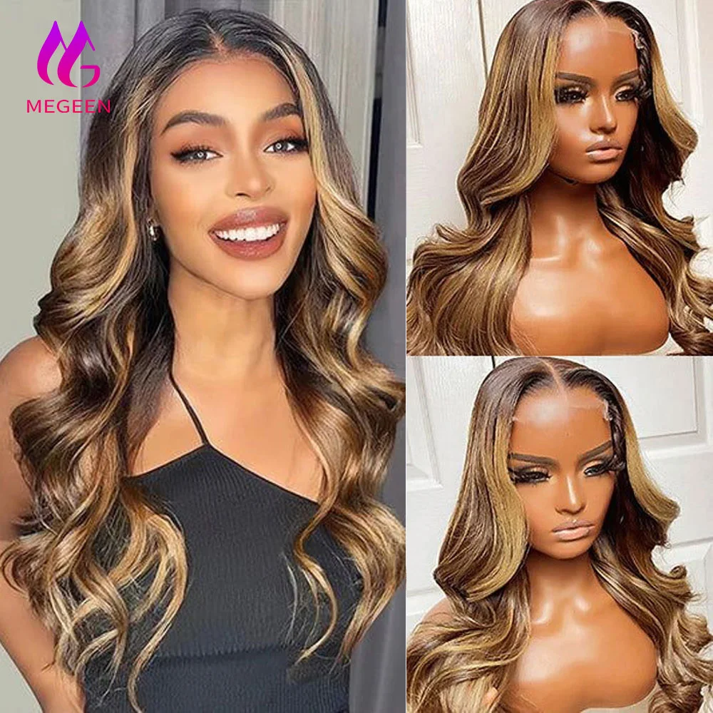 شعر مستعار من Megeen بدانتيل أمامي كامل ، شعر مستعار بدانتيل أمامي شفاف عالي الدقة ، موجة جسم ، شعر مستعار عسلي أشقر ، شعر مستعار أومبير ملون ، 36 "، 36"