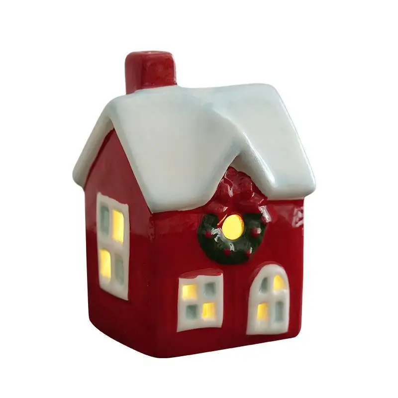 Christmas Desktop Red And White Color Ceramic Glowing Village House LED Light Up Porcelains Statue Figurine Festival Home Decor