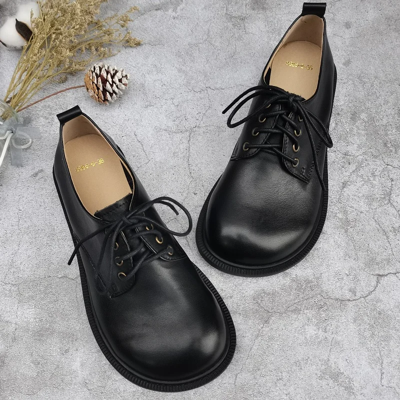 Autumn Japanese retro big nose loose single shoes genuine leather handmade cowhide flat women's leather shoes British style