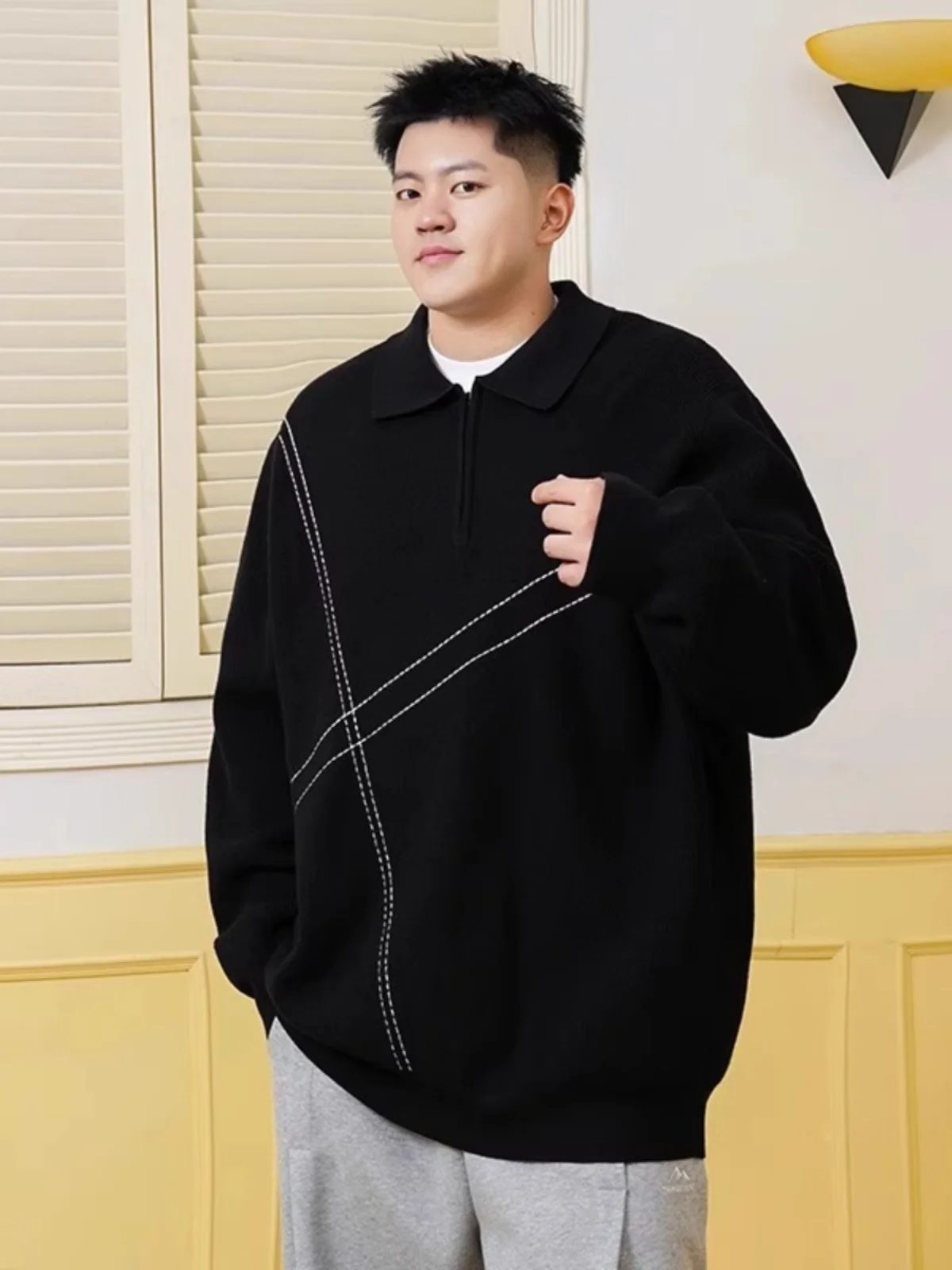 

Мужской повседневный вязаный свитер с воротником на молнии, свободного кроя, больших размеров, зимний, базовый, для многослойных образов, с длинным рукавом, в стиле турбанглис.