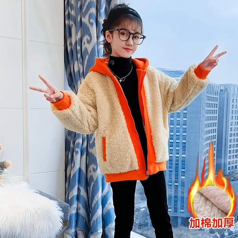 

Girls Fur Coat Jacket Cotton Outwear Overcoat 2022 Sport Warm Thicken Plus Velvet Winter Autumn School Gift Children's Clothing