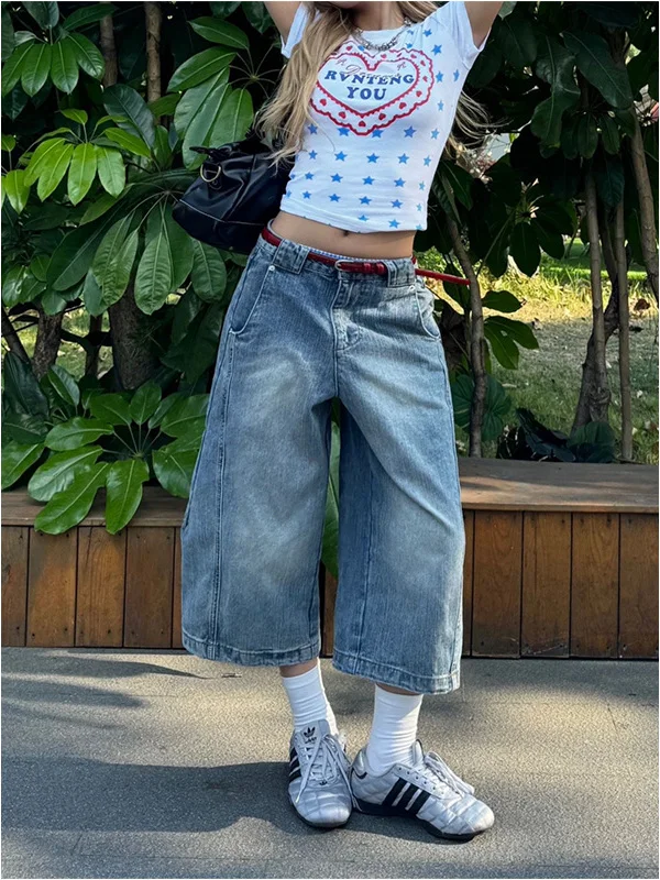 Retro Knife  Wide Leg Straight Cut Jeans Women's Summer Loose Fitting Trousers for Pear Shaped Body High Waist Denim
