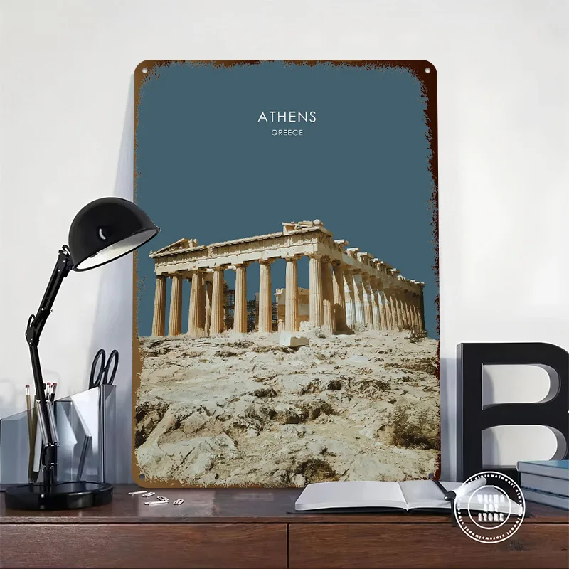Athens Acropolis Artwork Personalized 3D Textured Metal Poster Wall Art Vintage Tin Signs for Coffee Bar Accessories Wand Deko