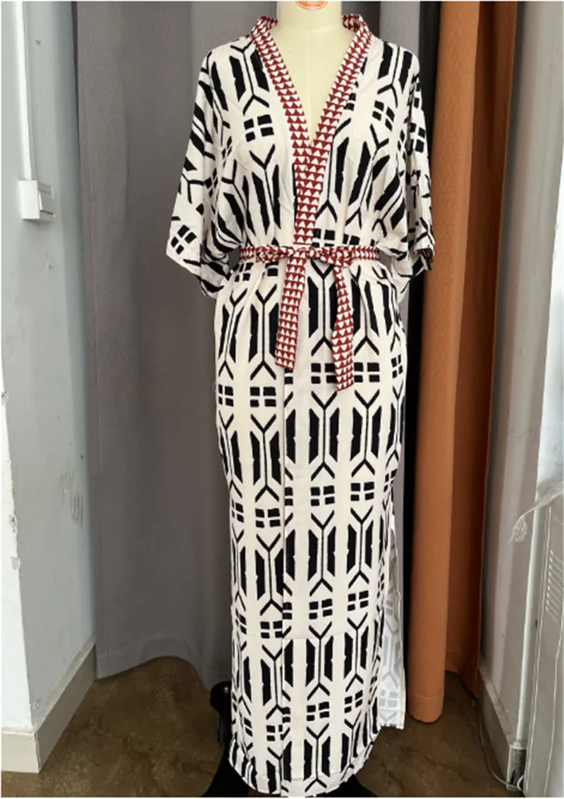 بوهو مطبوعة طويل كيمونو التفاف فستان الشاطئ الساتان تونك بيكيني Cover ملابس النساء ملابس الشاطئ ملابس السباحة دعوى Cover