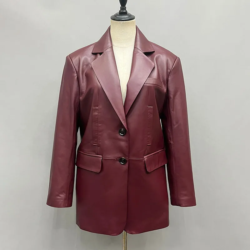 Veste en cuir véritable bordeaux pour femme, manteau en cuir de mouton véritable, mode automne et printemps, 2024