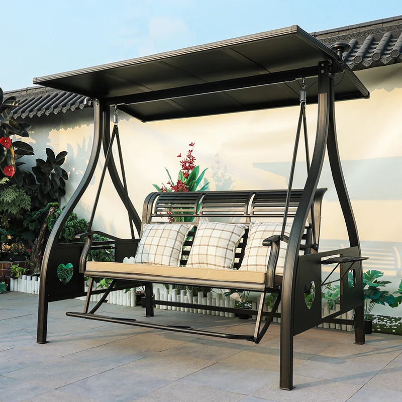 Hot Sales High-end Metal Aluminum Villa  Patio Swings with Canopy LED Lights 3 Seater Garden Swing Chair