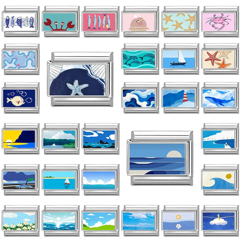 Venta al por mayor: Nuevos dijes italianos de acero inoxidable de 9 mm con diseño de estrella de mar, concha y coral marino, para pulseras de moda para mujer y hombre, regalos de joyería DIY