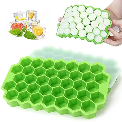 37-Gitter-Eiswürfelformen mit großem Fassungsvermögen, wiederverwendbare Silikonform, Honigwaben-Eiswürfelbereiter in Lebensmittelqualität mit Deckeln, Eisform für den Gefrierschrank