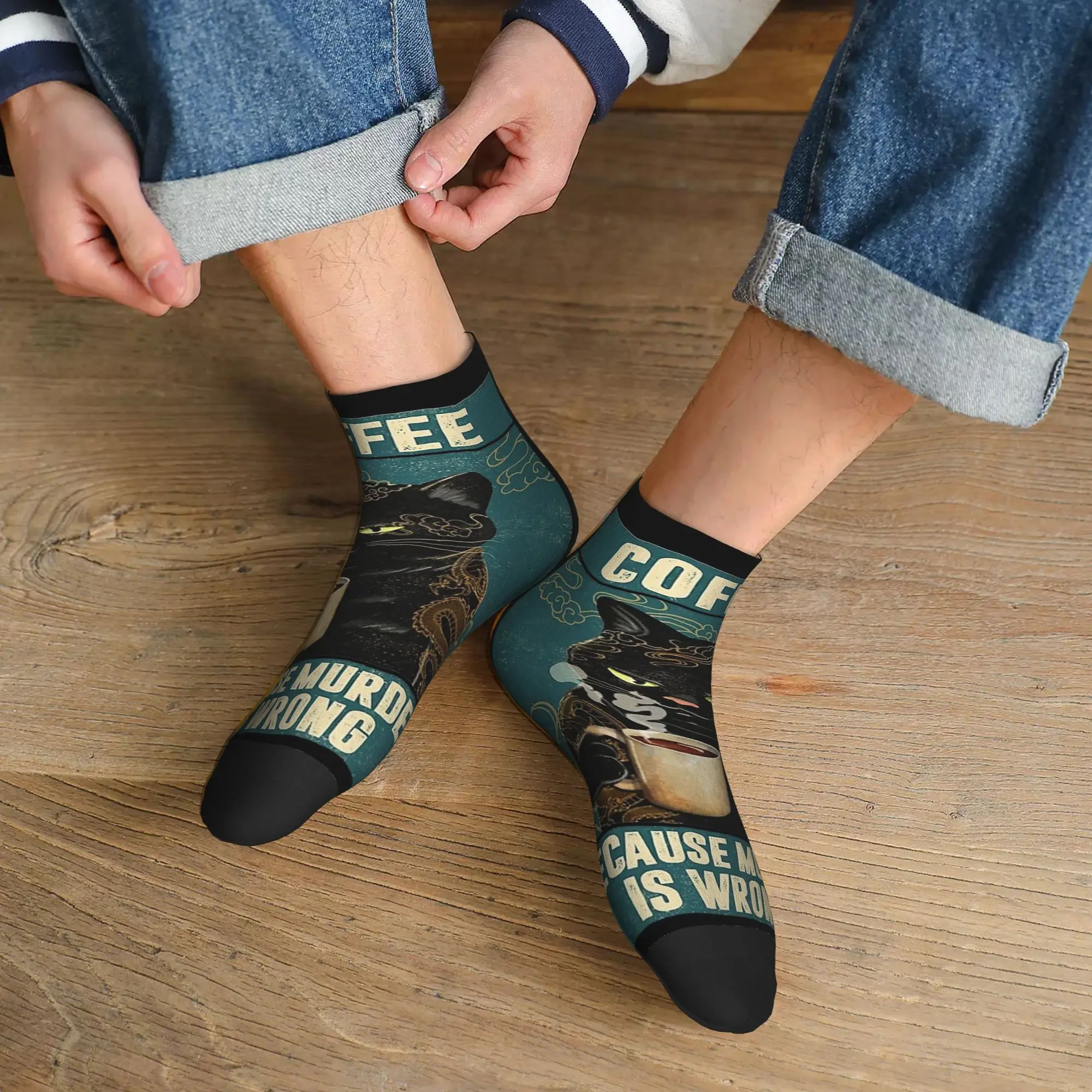 

Всесезонные носки с черным котом и кофе, Harajuku, высококачественные носки для экипажа, модные чулки для мужчин и женщин, рождественские подарки