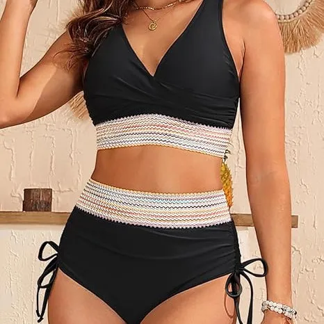 Women's High Waist V-Neck Tether Bikini Split Swimsuit Gather 2 Pieces Tankini Swimsuits Women Biquinis Set Bathing Suits