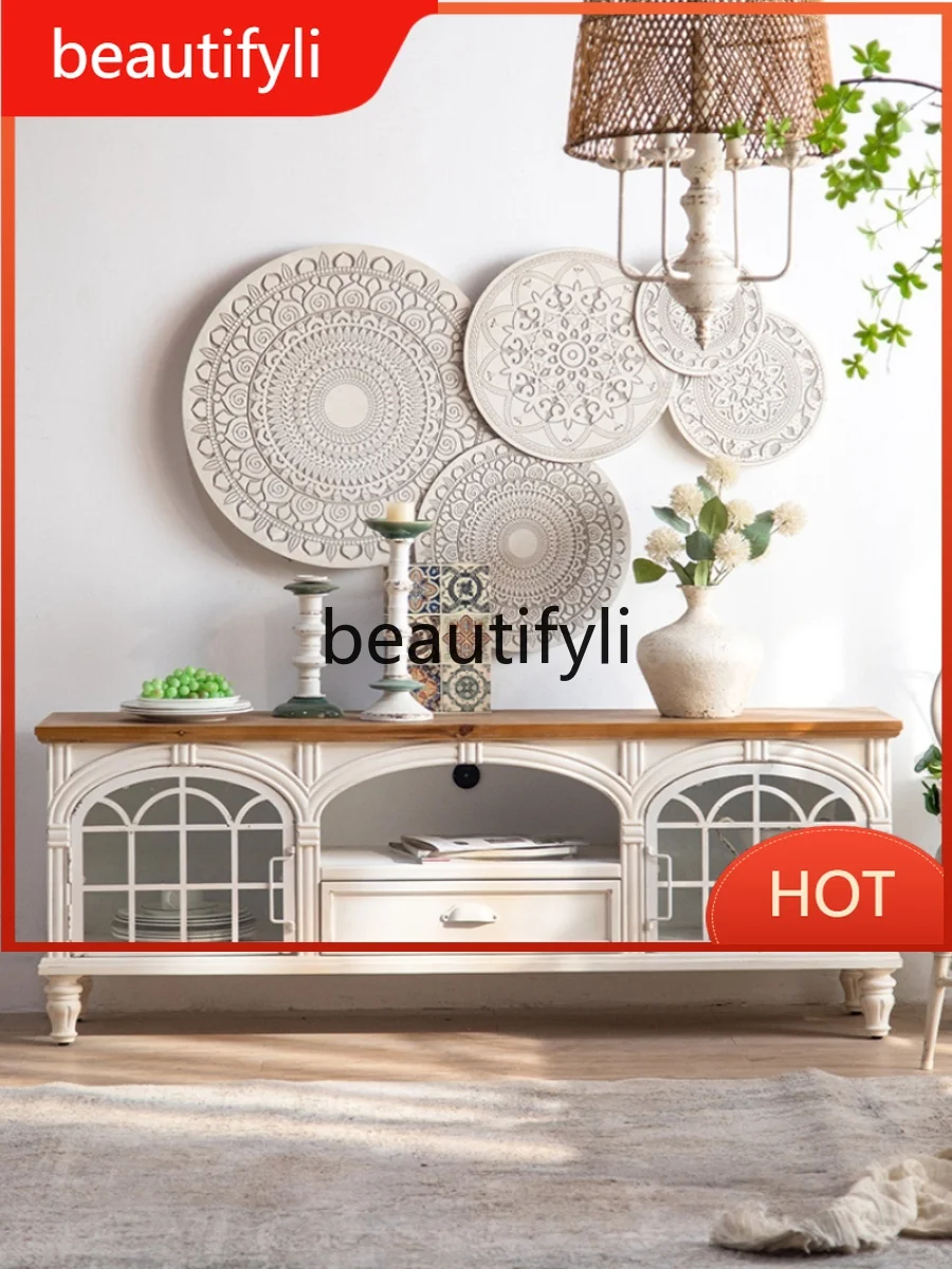 

French retro TV cabinet solid wood floor-to-ceiling white bedroom Nordic living room combination TV cabinet D80