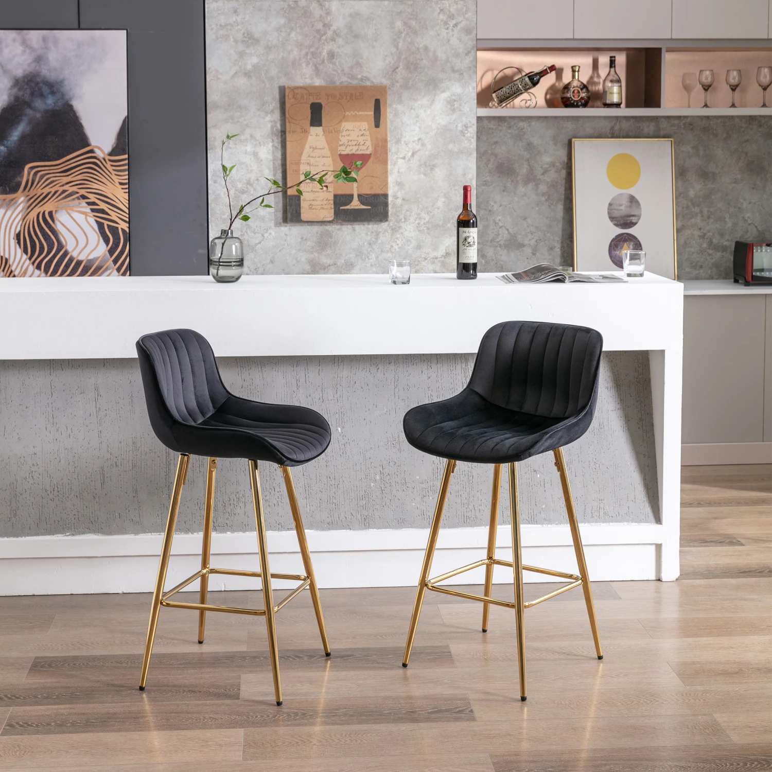 

26 Inch Set of 2 Bar Stools,with Chrome Footrest Velvet Fabric Counter Stool Golden Leg Simple Bar Stool,BLACK