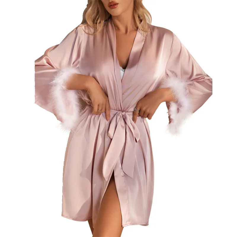 المرأة مثير خياطة الساتان ثوب النوم ، بلاكيت الريش ، عميق الخامس ، إغراء ، نمط كسول ، ارتداء المنزل ، موحدة ، الكبار