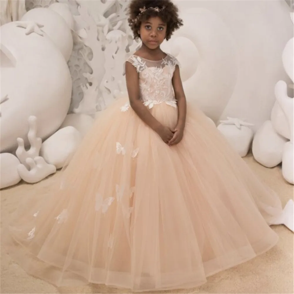 

Flower Girl Dresses Applique First Communion Party Prom Princess Gown Bridesmaid Wedding with Train Formal Girl Dress