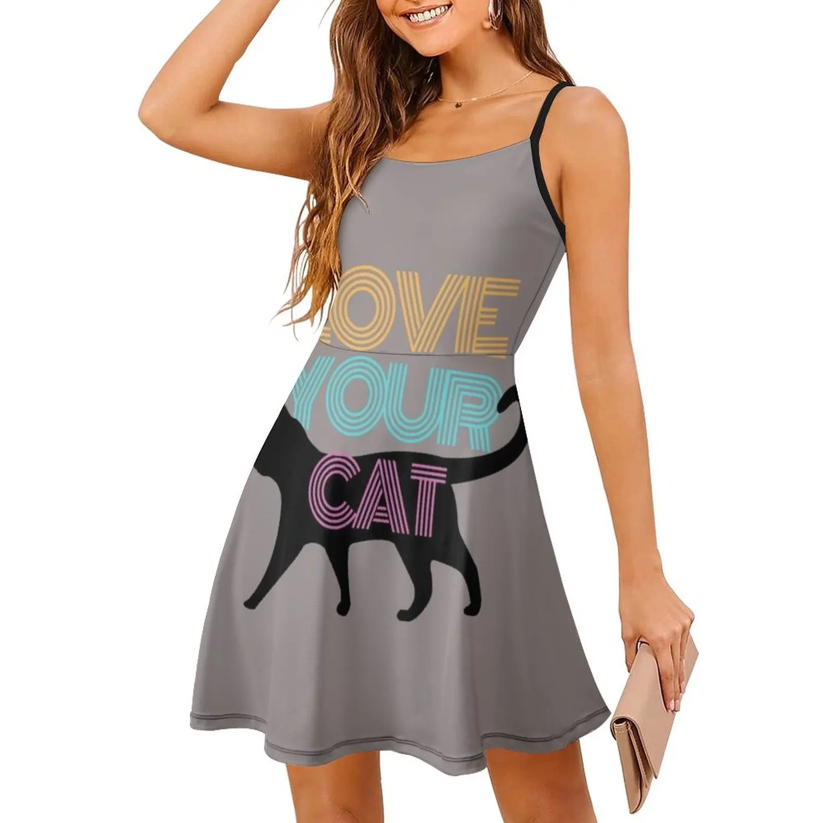 أحب قطتك البوهيمي فستان بلا أكمام متعدد المطبوعات عطلة الشاطئ فستان الحفلات الحب القط القطط القطط الرجعية فيبي الأسود الإناث
