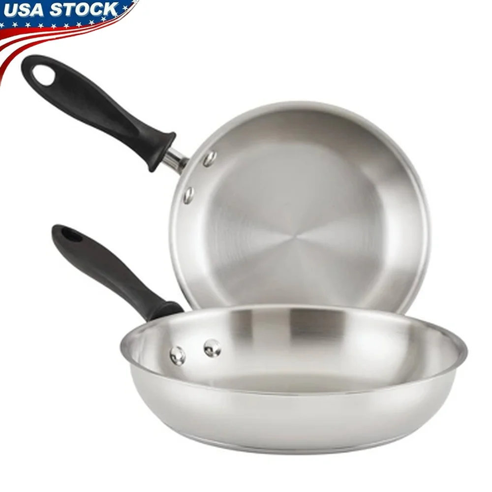 

2pc Stainless Steel Frying Pan Set Dishwasher Safe Induction Compatible Stay Cool Handles Even Heat Distribution Easy Pouring