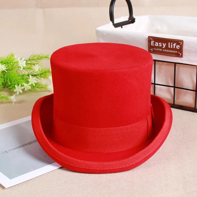 2025 Wool Flat Man Top Hat Fashion Fedora Hats Versatile Panama Magician Cap Gentleman Cylinder Strap Steampunk Unisex Elegant