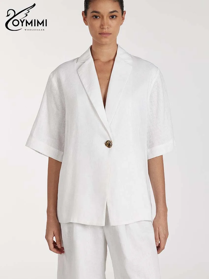 Oymimi أزياء القطن الأبيض 2 قطعة مجموعات امرأة الزي أنيقة نصف كم زر واحد قمصان + جيوب عالية الخصر بنطلون مجموعة #6