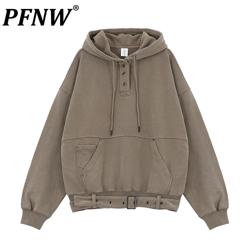 PFNW Men's 2024 New Kangaroo Pocket Waist Belt Hoodie Design Oversized Warm Fleece Sweatshirts Men's Loose Causal Hoodie 28W5649