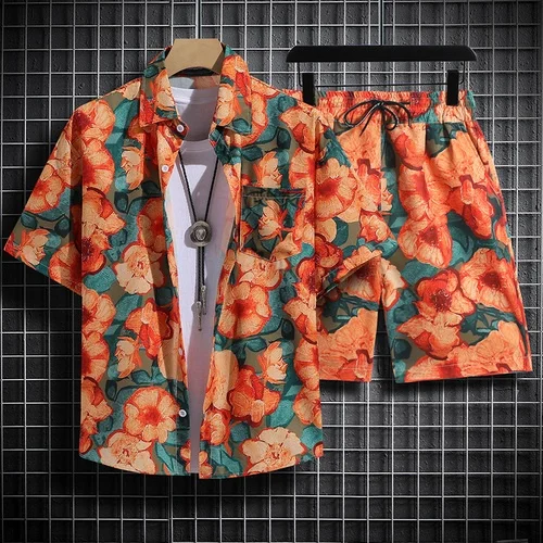 Men's Short Sleeved Floral Shirt Beach Vacation Outfit Coastal Travel Clothing Warwick Style Thai Couple Casual Collar Shirt Set