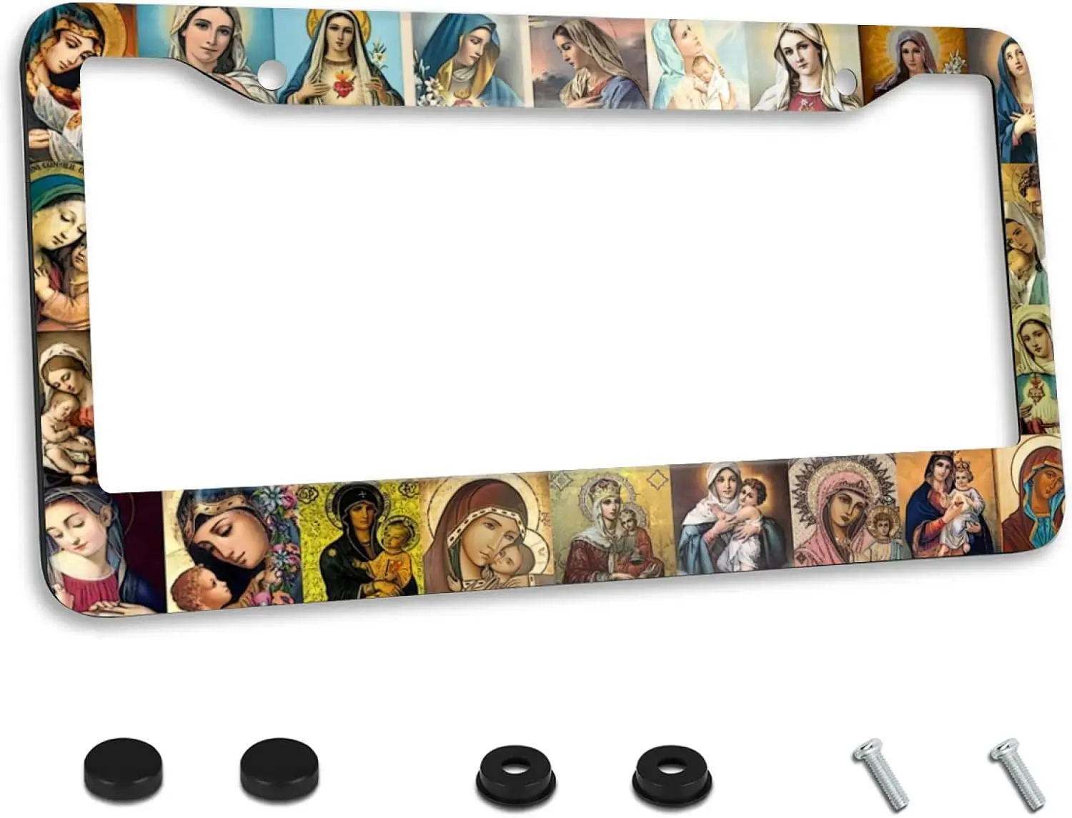 License Plate Frame Stainless Steel Sacred Heart Collage Jesus Christ Virgin Mary Car License Plate Accessory Decorative 2 Holes