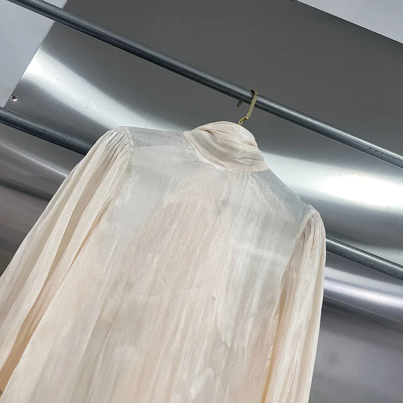 KBQ Franse stijl effen losse elegante blouse voor dames ronde hals lange mouw herfst temperament lace-up casual shirts vrouwelijk nieuw