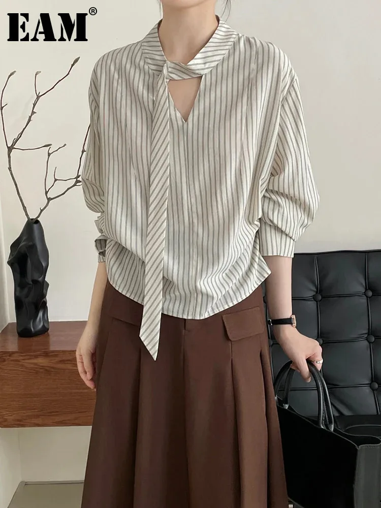 [EAM] Women Striped Hollow Out Elegant Big Size Blouse New Stand Collar Long Sleeve Shirt Fashion Spring Autumn 2024 1DH6783