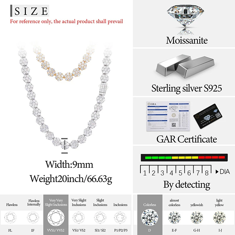 Unisex luxury 10mm Moissanite VVS1 Necklace Chain 925 Silver For Women Iced Out Chain Link Necklace Unisex Fine Hip Hop Jewelry