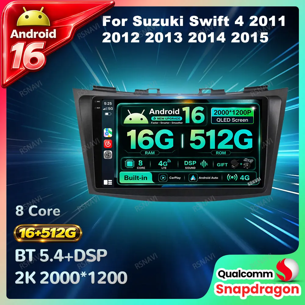 Radio para Auto Android 16 para Suzuki Swift 4 2011 2012 2013 2014 2015 Reproductor de Video Autoradio DSP Unidad Principal Navegación BT 4G LTE QLED