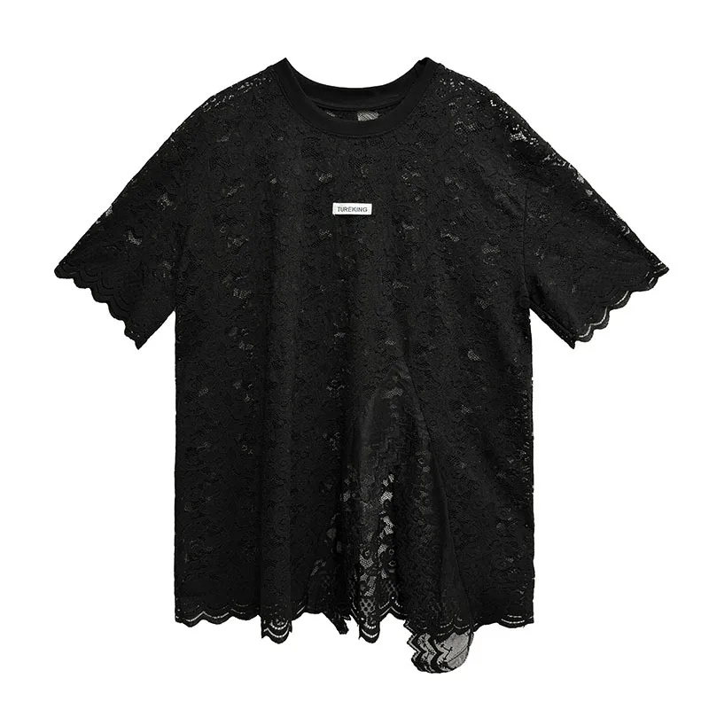 

Large size women's clothing, Korean version short sleeved T-shirt, lace hollow jacquard slit design loose short sleeved toptop